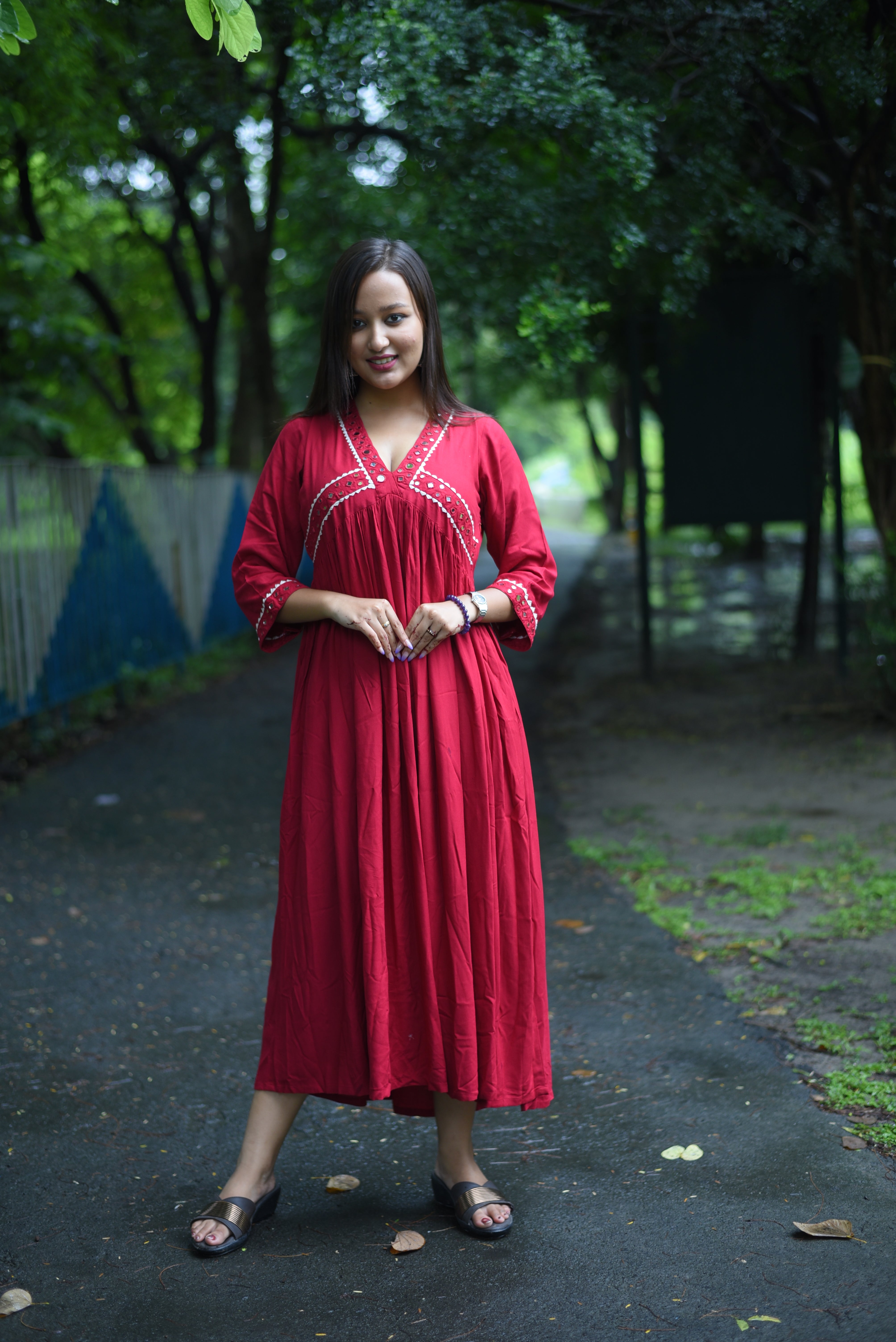 Maroon Rayon Handcrafted Mirror Dress